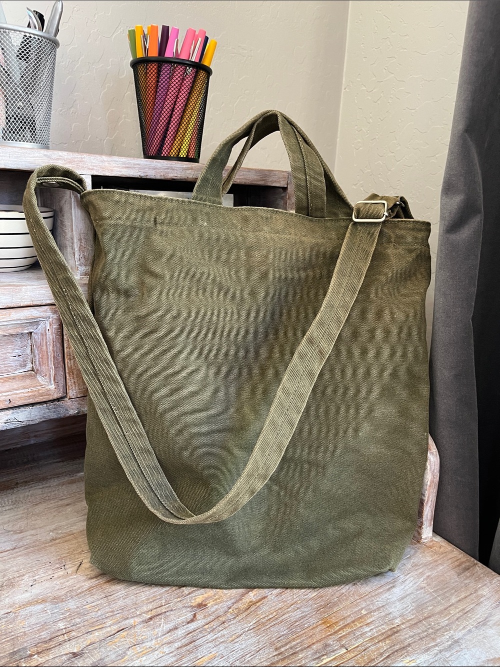 💚 Baggu Canvas Duck Bag Olive Green Cotton Long Strap Snap Button Two Handle